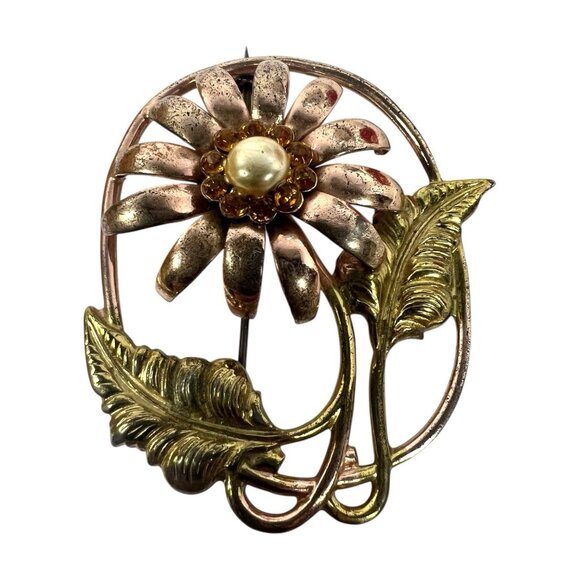 Vintage Sterling Silver Floral Brooch Pearl Center Amber Stones Art Nouveau - Picture 6 of 6